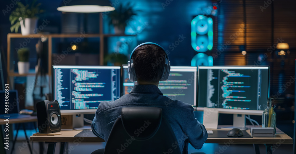 Poster a man wearing headphones sits at a desk in a dimly lit room, working late on his computer. he has tw