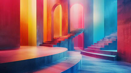 Abstract scene with vibrant geometric elements and steps, designed for catalog backgrounds and commercial use