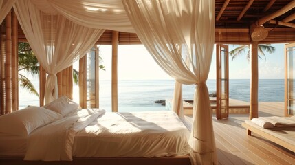 Obraz premium A serene beachfront bedroom with a canopy bed, flowing curtains, and panoramic views of the ocean for a tranquil retreat.