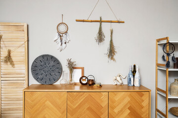 Interior of witch's room with magic attributes and commode