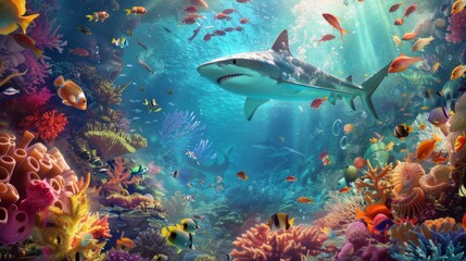A shark swimming through a cloud of colorful fish in a bustling coral reef, illustrating the dynamic nature of marine ecosystems.