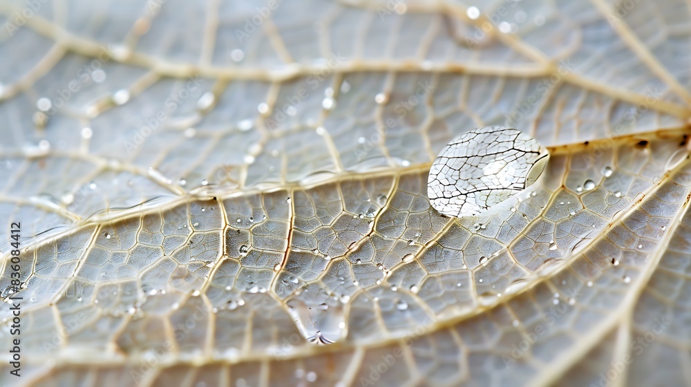 Poster detailed macro shot showcasing raindrop on delicate leaf skeleton structure.