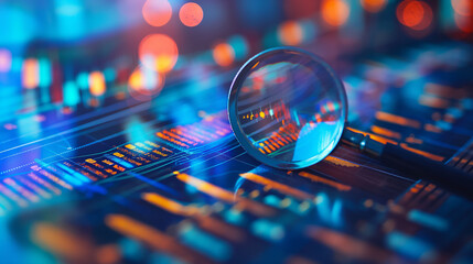 A magnifying glass over financial charts and graphs, symbolizing the data analysis of stock market trends for business planning or advanced district finance technology concept