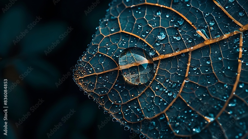 Poster detailed macro shot showcasing raindrop on delicate leaf skeleton structure.