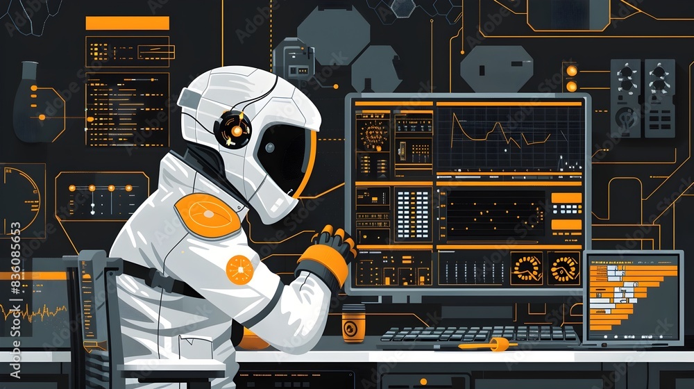 Poster robotic apiary technician reviewing hive analytics on advanced digital interface