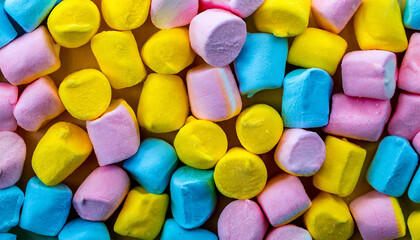 Abstract background texture with mini marshmallows. Sweet sugar dessert food top view