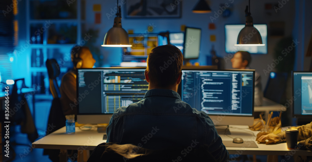 Aufkleber a man sits at his desk in front of two computer monitors, coding late at night. he is focused on his