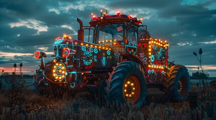 Vibrant Illuminated Tractor Spreading Manure in Serene Countryside Landscape
