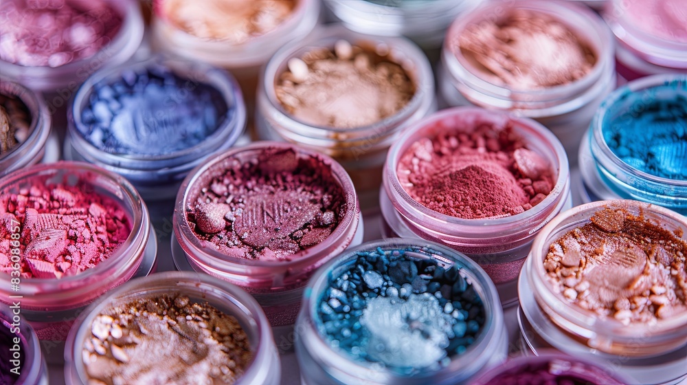 Poster Close-up of assorted colorful makeup pigments and powders in small jars. Generative AI