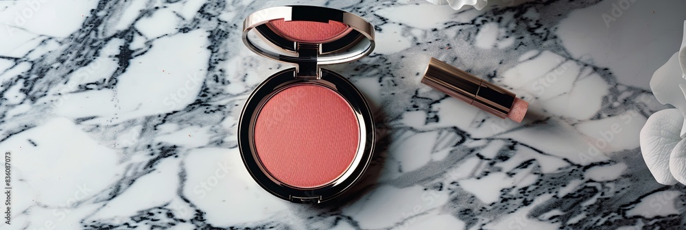 Aufkleber compact cases with powder and blush are arranged on a marble surface. generative ai