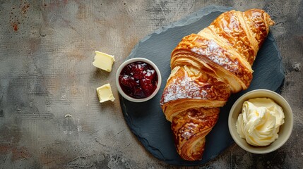 A freshly baked croissant with butter, jam, and cream on a slate board. - Powered by Adobe