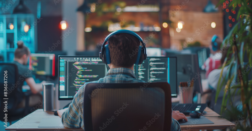 Aufkleber a man is working on a project late at night in a dimly lit office. he is wearing headphones and focu