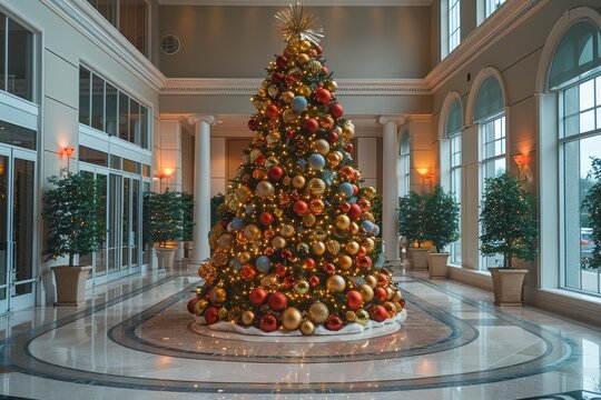 A grand Christmas tree stands in the center of a hotel lobby adorned with colorful decorations and lights