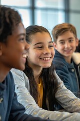 Fototapeta premium a group of children smiling while sitting at a table 