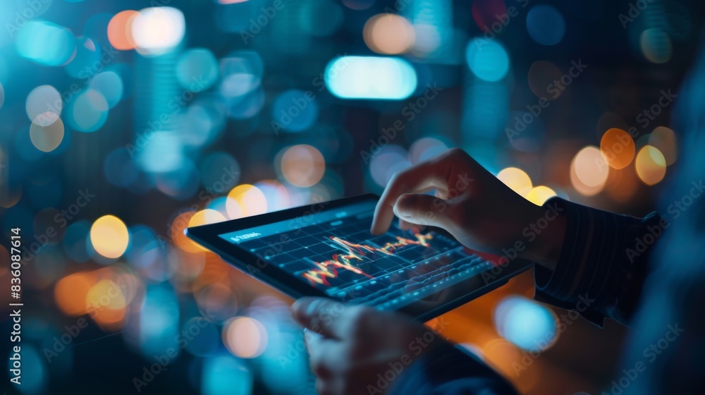 Aufkleber A trader analyzing a gold price graph on a tablet, monitoring market fluctuations and making investment decisions.