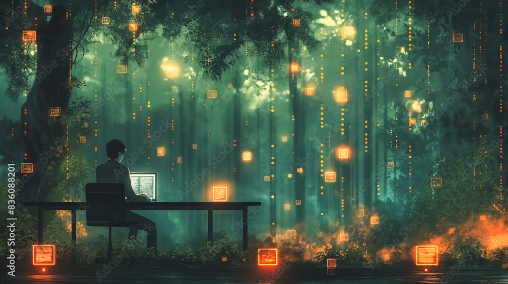 Aufkleber a man is sitting at a desk in a forest with a computer