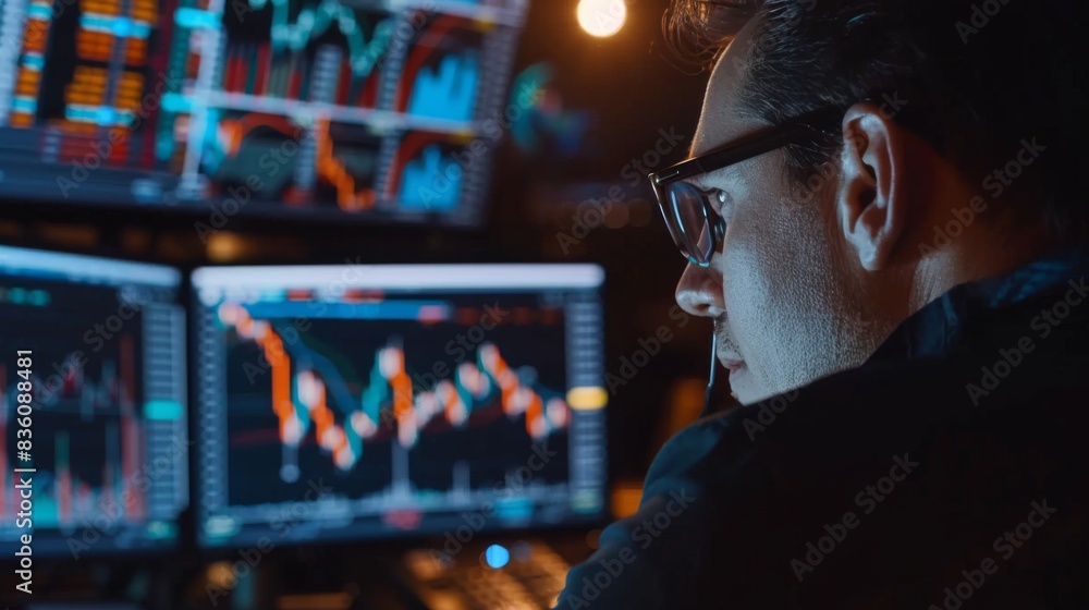 Fototapete a trader monitoring stock market graphs on a computer screen, analyzing price movements and trading 