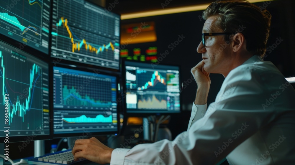 Leinwandbilder A trader analyzing stock market graphs and charts on a desktop computer, monitoring market trends and making trading decisions in real-time.
