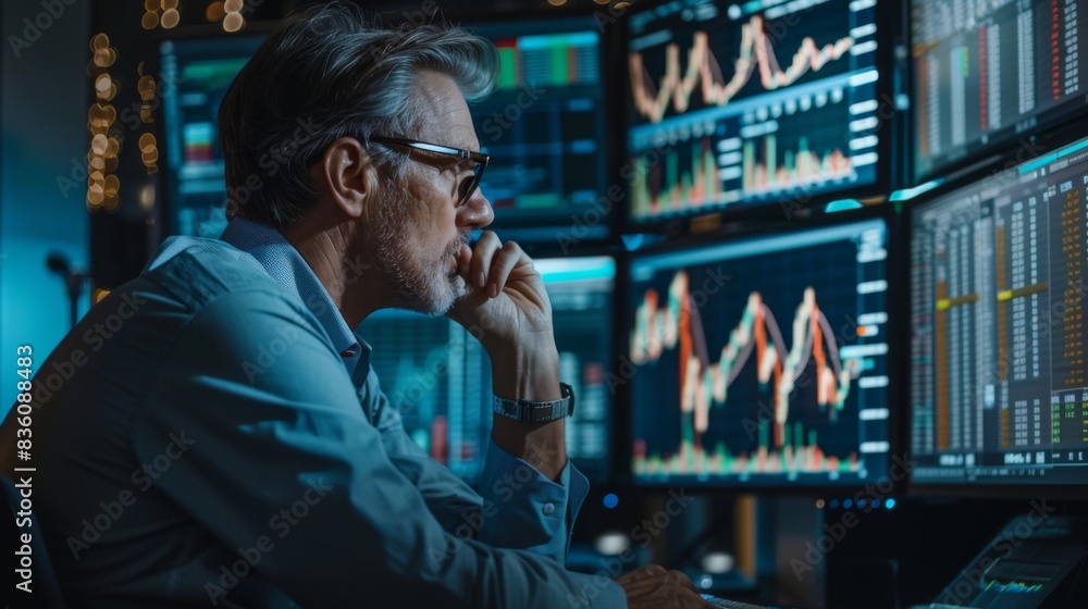 Aufkleber A trader monitoring stock market graphs on a computer screen, analyzing price movements and trading volumes for profitable opportunities.
