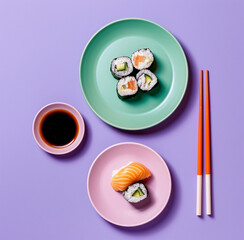 Fresh sushi rolls on a yellow background. Asian cuisine. Copy space. Top view.