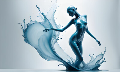 Fototapeta premium Translucent watery figure dancing slender woman with pale liquid skin diaphanous body forward 