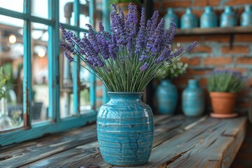 Fresh lavender flowers showcased in a striking blue ceramic vase, set against the backdrop of a...