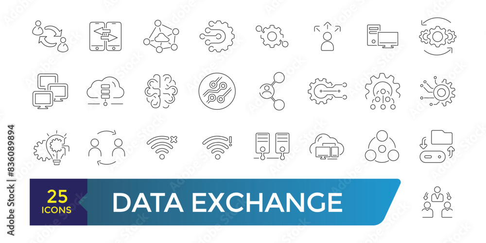 Poster data exchange line icons. outline web and ui icon collection. editable stroke. vector illustration
