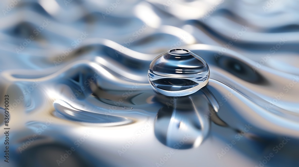 Poster detailed view of 3d-rendered single drop and rippled surface.