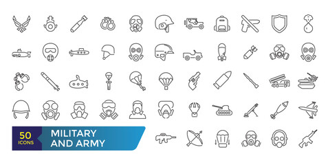 Military and army line icons. Editable Stroke. Military Equipment, tools, aids and appliances. Collection and pack of linear web and ui icons. Editable stroke. Vector illustration