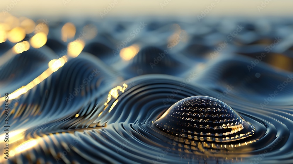 Poster detailed view of 3d-rendered single drop and rippled surface.