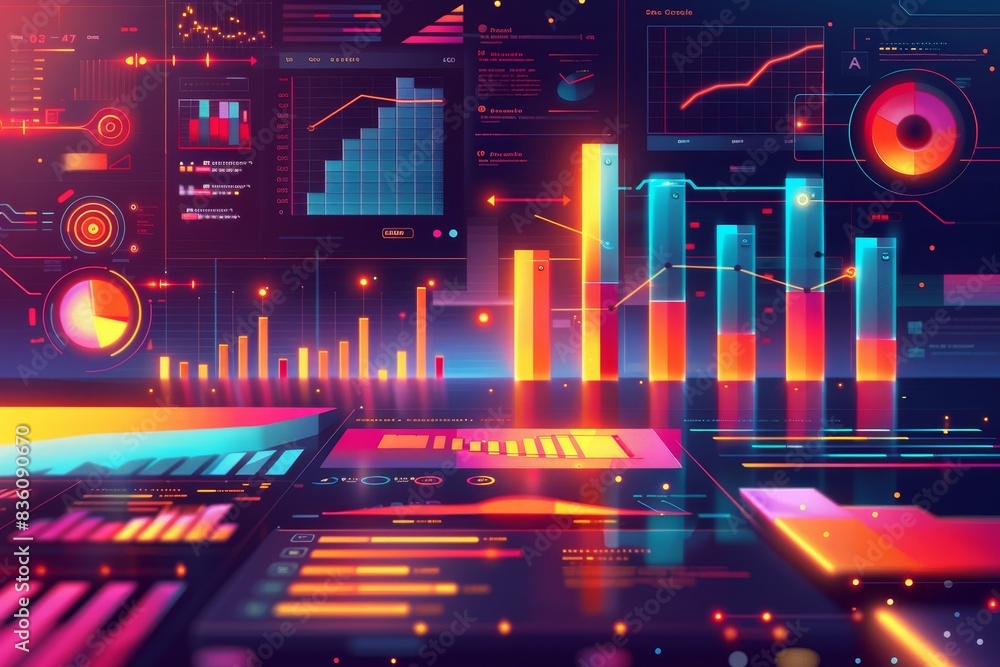 Poster a colorful display of graphs and numbers with a futuristic, high-tech vibe
