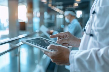 The picture shows a medical team discussing a patient's treatment plan on a digital tablet in a hospital.