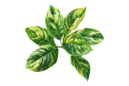Variegated green leaves isolated on transparent background
