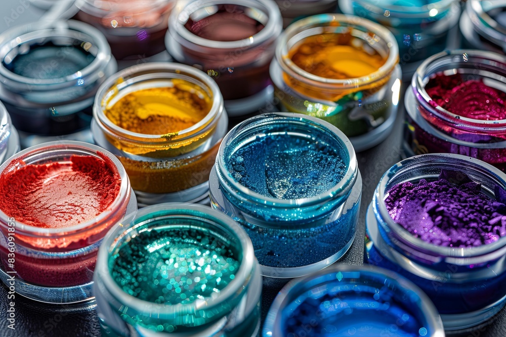 Poster a close-up view of assorted colorful makeup pigments and powders in small jars, arranged artisticall