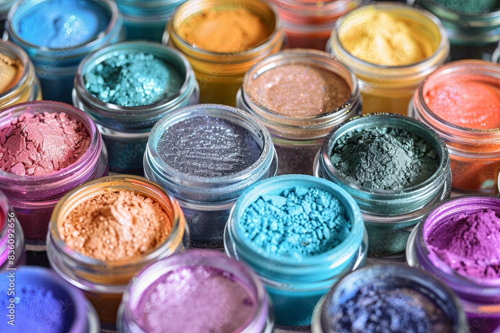 Aufkleber close-up of assorted colorful makeup pigments and powders in small jars. generative ai