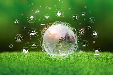 Glass globe in green forest with the icon environment of ESG, co2, circular company, and net zero....