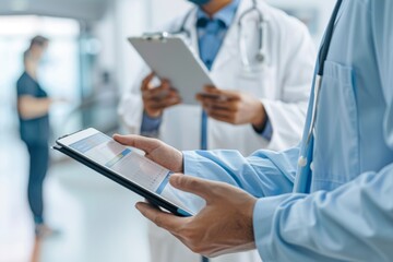 The picture shows a medical team discussing a patient's treatment plan on a digital tablet in a hospital.