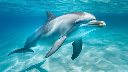 Close-up of a dolphin swimming underwater, its sleek body gliding effortlessly through the crystal-clear blue ocean.