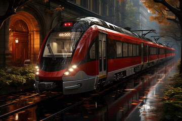 Fototapeta premium A Red Bullet Train Travels on a Track Alongside a Body of Water with Mountains in the Background