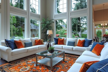 A spacious modern living room with large windows overlooking a lush garden