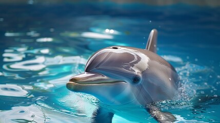 Obraz premium Close-up of a dolphin swimming underwater, its sleek body gliding effortlessly through the crystal-clear blue ocean.