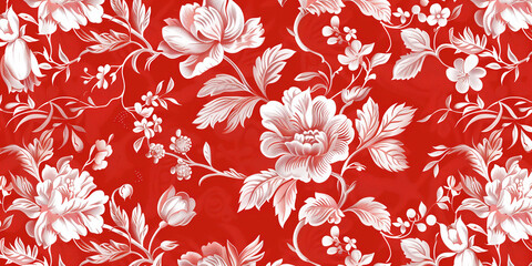 A red background with white and pink floral patterns.
