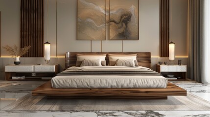 Minimalist interior of modern home master bedroom, Guest room, Living room, Lounge with sophisticated luxury bed and sofas with expensive paint and wall art, centered