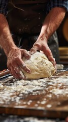 Baker kneading dough on wooden table