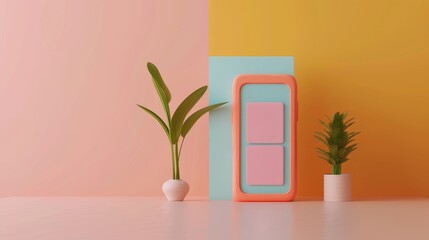 Colorful Modern Art Composition with Two Potted Plants and Mini Fridge against Vibrant Backgrounds Perfect for Creative and Design Concepts.
