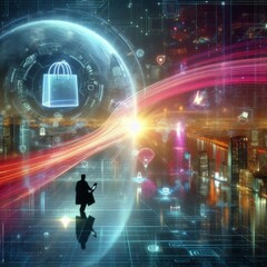Fototapeta premium A digital landscape showing a stream of data leading to a virtual shopping bag, online shopping, dynamic and dramatic compositions, with copy space, including a silhouette of a person browsing on thei