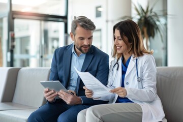 Pharmaceutical sales representative talking with doctor in medical building.  Ambitious male sales representative  presenting new medication on tablet.