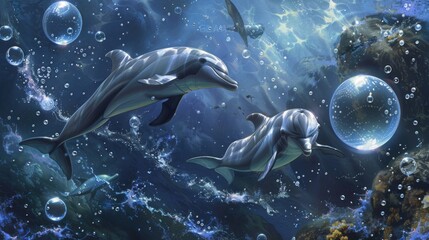 Fototapeta premium Dolphins interacting with underwater bubbles, chasing and playing with the shimmering orbs in a display of curiosity and delight.