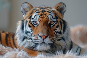 Naklejka premium Calm and composed tiger lying down, with eyes captivating the viewer, represents power and tranquility