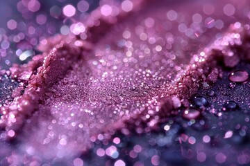 Close-up of a sparkling pink eyeshadow with scattered droplets, emphasizing texture and shimmer